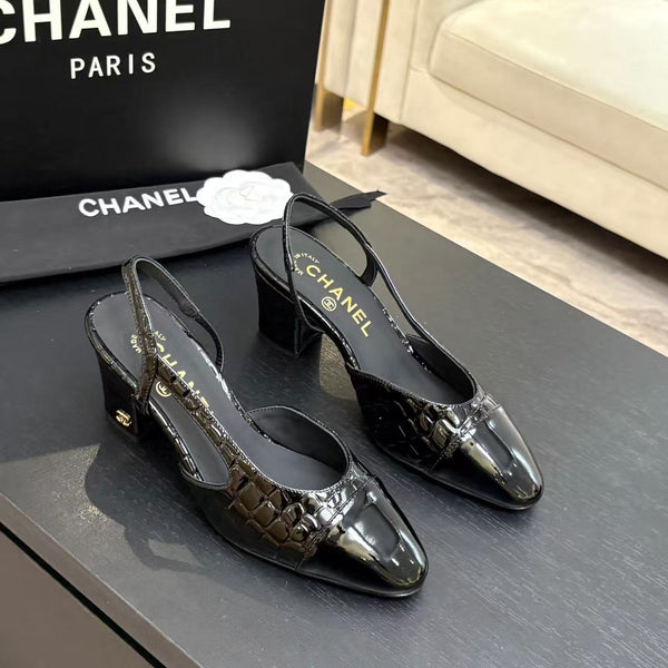 CC 26FW Cap-Toe Slingback Pumps Crocodile-Embossed Patent Calfskin