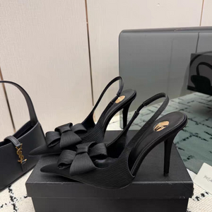 YSL Slingback Pumps 10.5 cm Bow-Detail Black Satin Silk