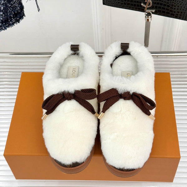 LV 26S Cloud Flat Comfort Clogs Bow Detail White Shearling