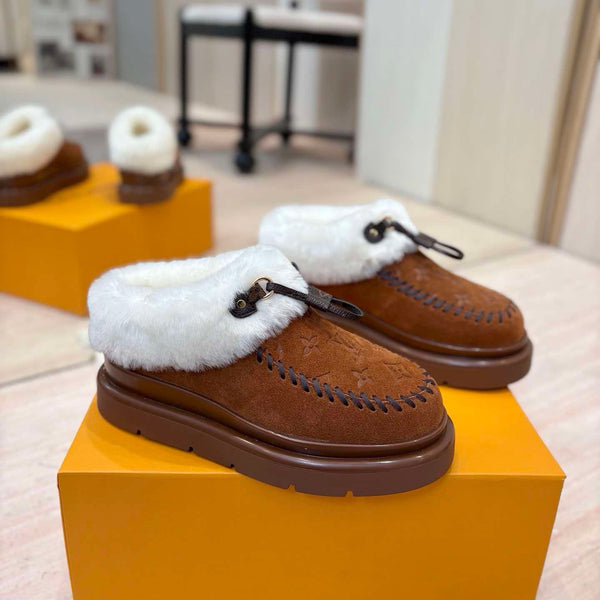 LV 26S Cortina Closed Mules Marron Brown Suede Shearling