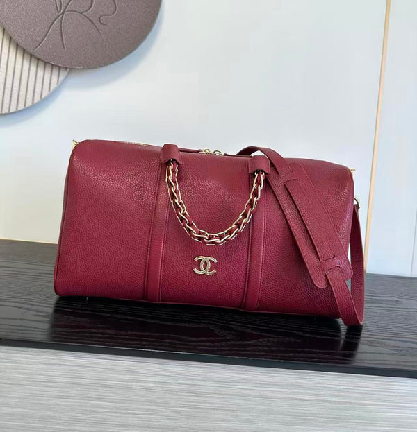 CC 26S Boston Bowling Bag 40cm Chain Handle Burgundy Grained Calfskin