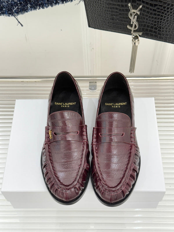 YSL Monogram Eel Penny Loafers Deep Bordeaux Leather