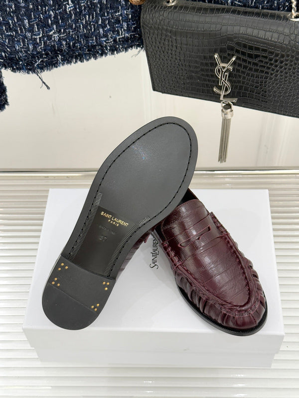 YSL Monogram Eel Penny Loafers Deep Bordeaux Leather