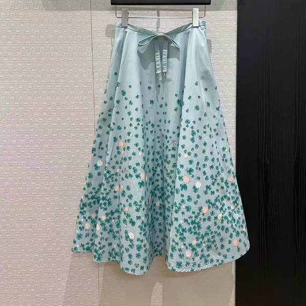CD 2026 Bow Ruffled Lotus Flower Skirt Blue Cotton
