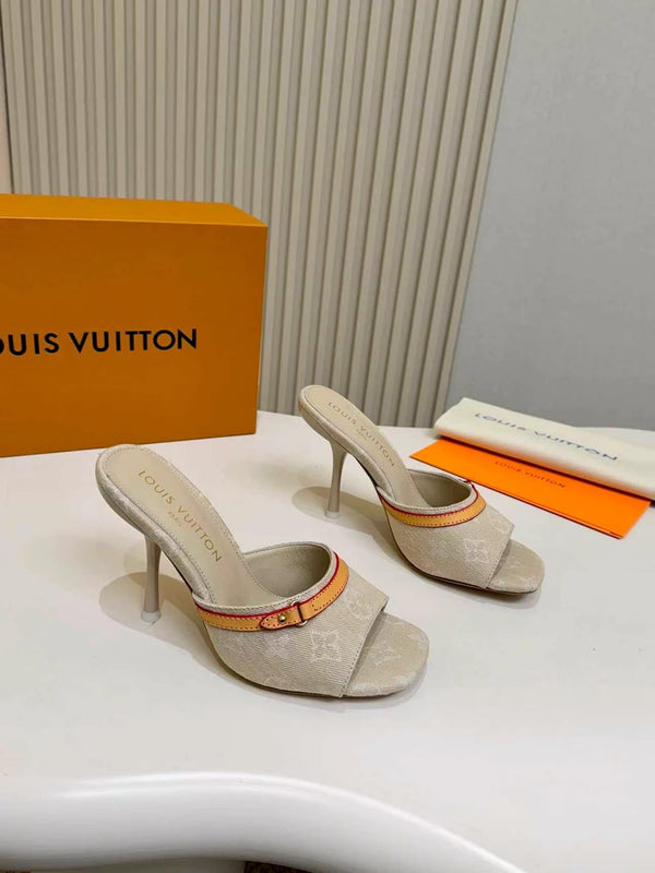 LV Monogram Kitten Heel Mule Sandals 10cm Canvas Leather 840357