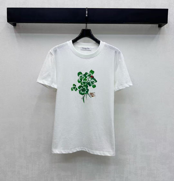 CD Fitted T-Shirt White Cotton Jersey with Green Dior Clover Motif