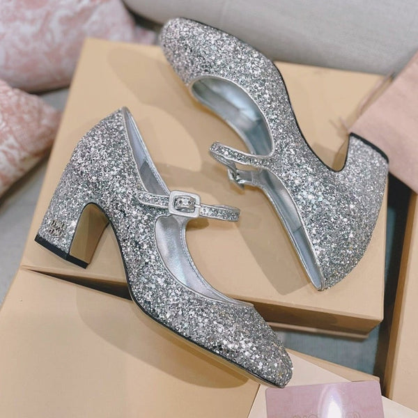 Miu 2026 Round-Toe Pumps 65mm Patent Leather Glitter 15550