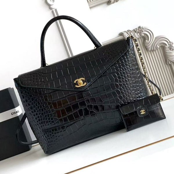 CC 2026 Maxi Top Handle Bag 31cm Black Crocodile Embossed Leather