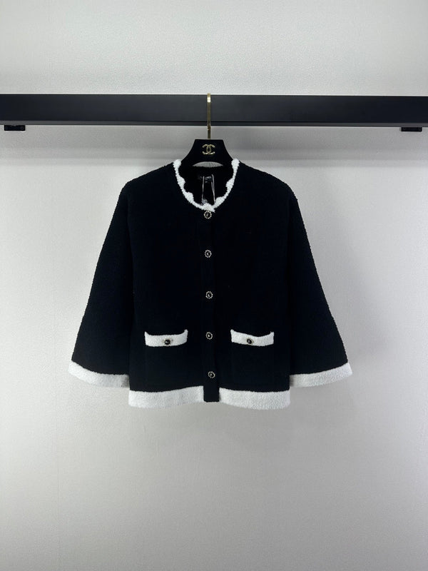 Chanel 2025 Round Neck Lace Cardigan Black White Wool 325690
