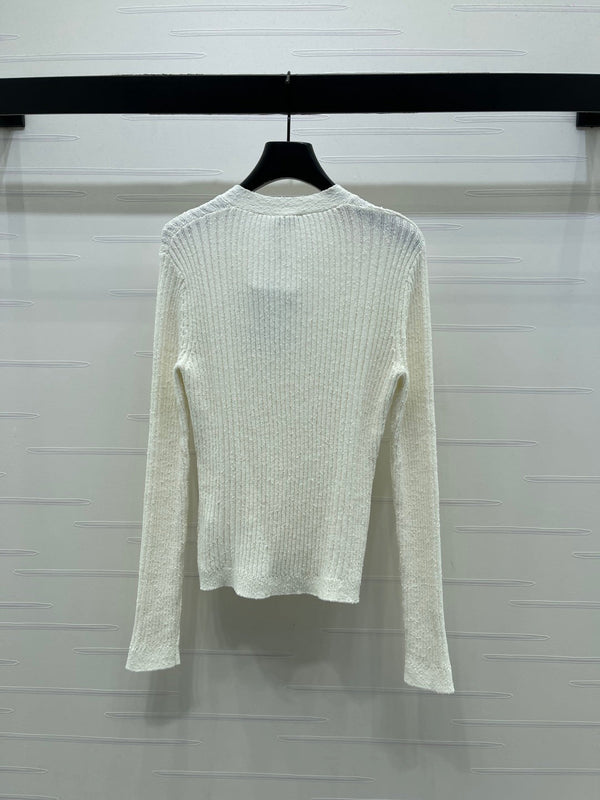Chanel 2026 V-neck Knit Cardigan White and Black Wool Viscose