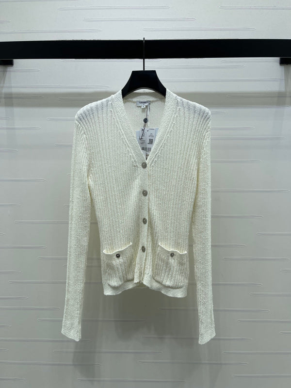 Chanel 2026 V-neck Knit Cardigan White and Black Wool Viscose
