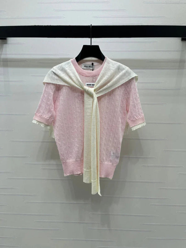 Miu 2026 Shawl Striped Knit Short Sleeve Tencel 397433