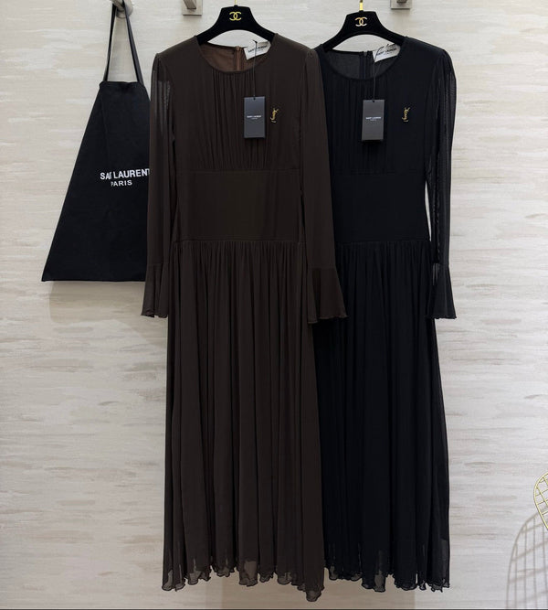 YSL 26S Pleated Silk Georgette Maxi Dress 428211