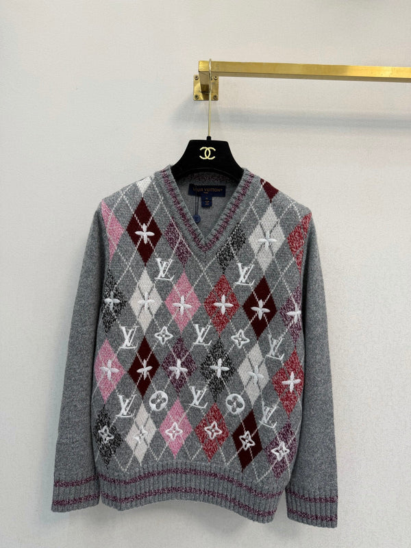 LV 26S V-Neck Argyle Knit Sweater Multicolor Wool 433756