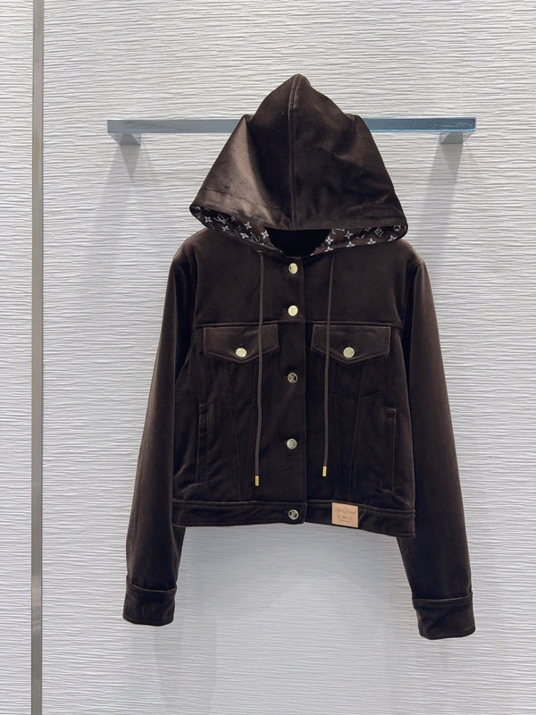 LV 26FW Hooded Velvet Jacket Monogram Hood Polyester 436390
