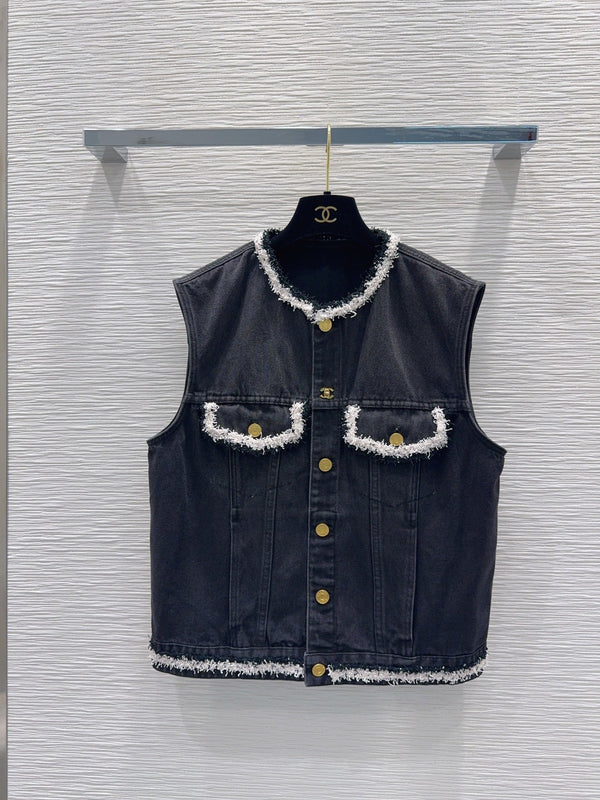 CC 26S Denim Vest Frayed Contrast Trim Gold Buttons Cotton 436527