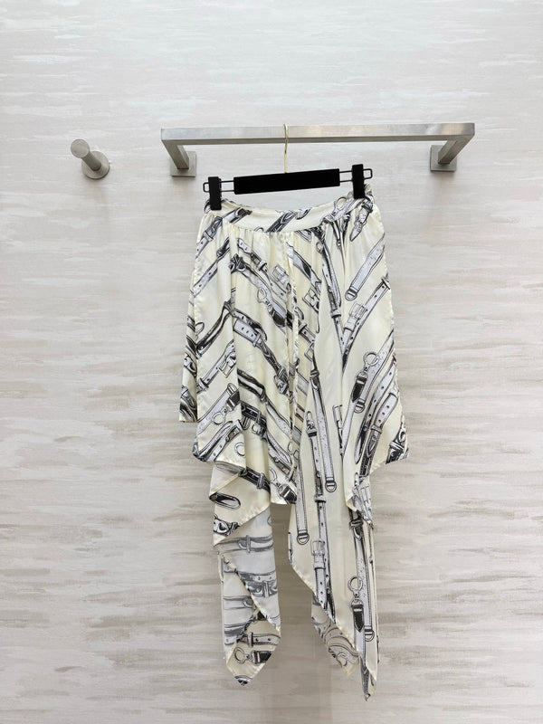 LV 26S Reversible Buckle Up Bomber Jacket & Asymmetrical Skirt Set Cream Black Silk Satin 436964
