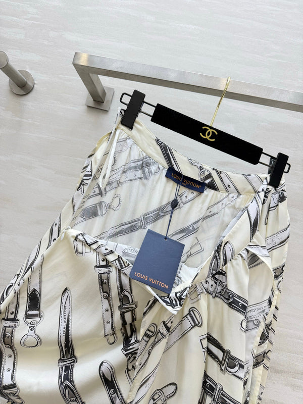 LV 26S Reversible Buckle Up Bomber Jacket & Asymmetrical Skirt Set Cream Black Silk Satin 436964