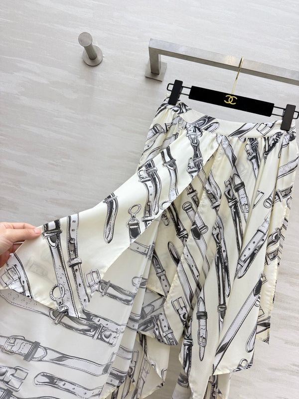 LV 26S Reversible Buckle Up Bomber Jacket & Asymmetrical Skirt Set Cream Black Silk Satin 436964