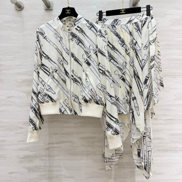 LV 26S Reversible Buckle Up Bomber Jacket & Asymmetrical Skirt Set Cream Black Silk Satin 436964