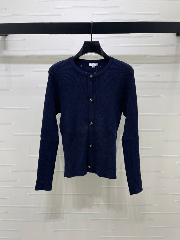 CC 26FW Ribbed-Knit Cardigan Navy Blue Wool 439897