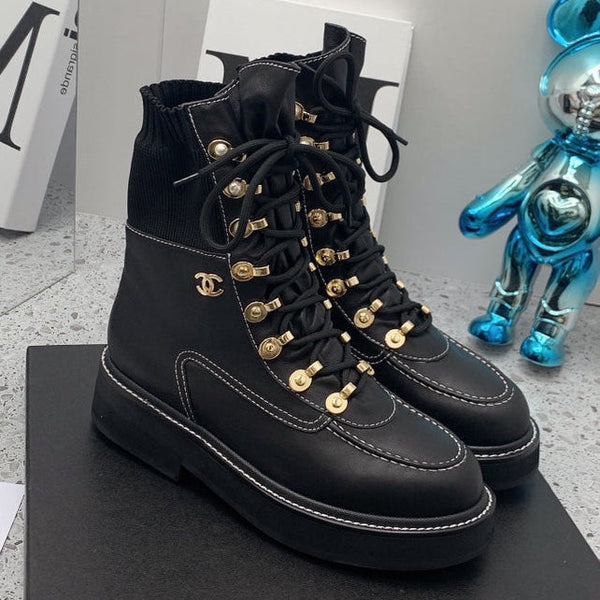 CC 2026 Knit Lace Up Combat Boots Black Calfskin 162215
