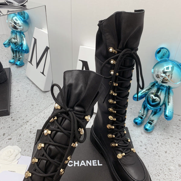 CC 2026 Knit Lace Up Combat Boots Black Calfskin 162215