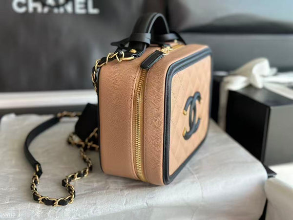 CC Filigree Vanity Case Satchel Beige Small Caviar Leather
