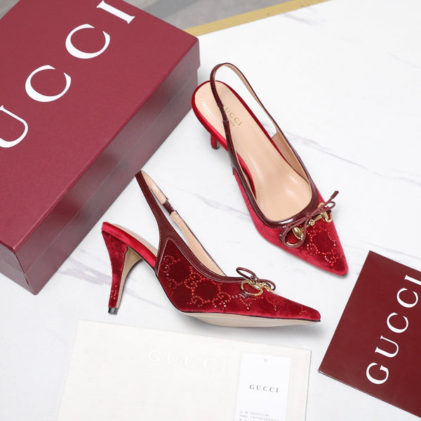 GG 26s Slingback Pumps 10cm Gold Hardware With Bow Velvet