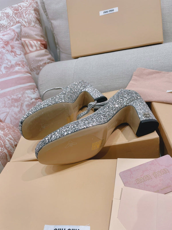 Miu 2026 Round-Toe Pumps 65mm Patent Leather Glitter 15550