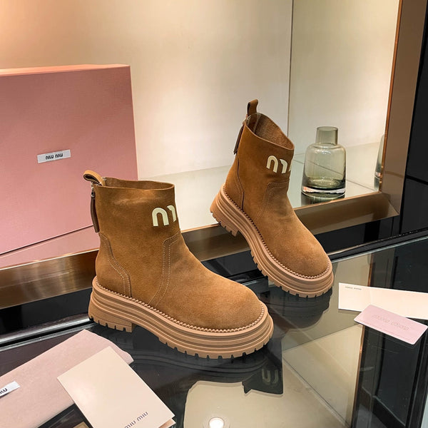 Miu 26s Logo Chunky Ankle Boots Suede