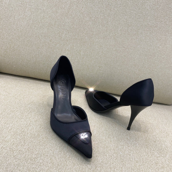 CC 26S Vintage Slingback Pointed-Toe Double CC Crystal Navy Black Silk Satin 156358