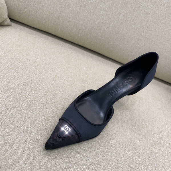 CC 26S Vintage Slingback Pointed-Toe Double CC Crystal Navy Black Silk Satin 156358