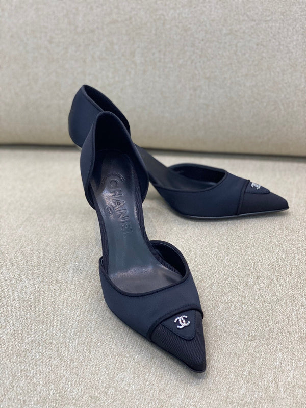 CC 26S Vintage Slingback Pointed-Toe Double CC Crystal Navy Black Silk Satin 156358