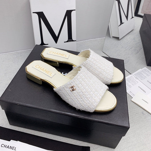 CC Slide Sandals Gold-Tone Logo Tweed  161724