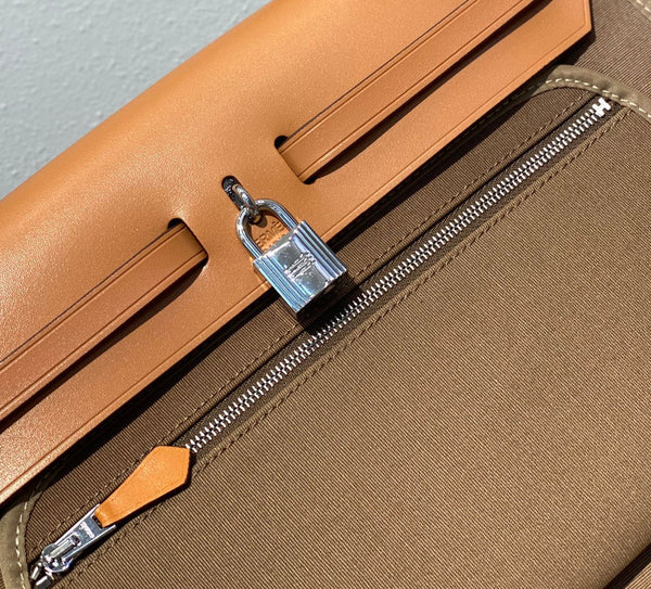 Herbag 31 Toile Brown Canvas Gold Cowhide Leather