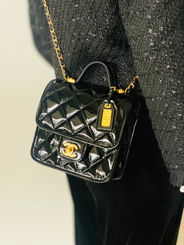 CC 2025 Medium Flap Bag Black Patent Calfskin