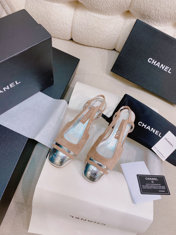 CC 26S Slingback Flats Square-Toe 4cm Colorblock Suede Leather 156344