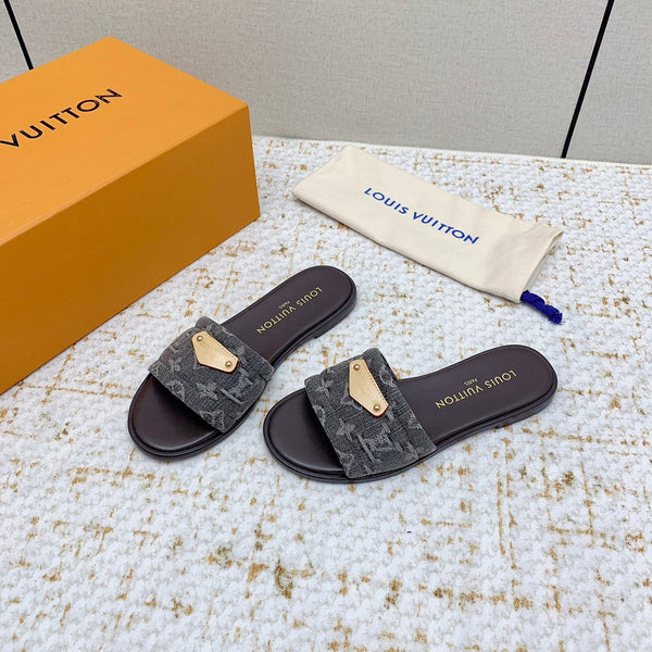 LV Monogram Flat Mules Quilted Denim Strap Gold Plaque 159240