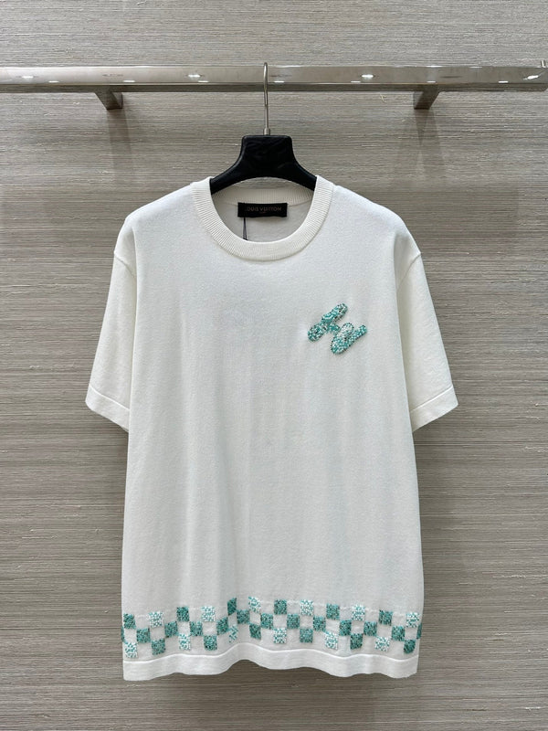 LV 25 Plaid Beading Embroidered Letters Casual T-Shirt White Beige Cotton