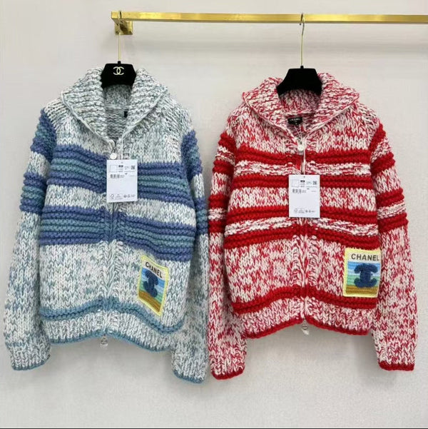 CC 26S Striped Knit Zip-Up Cardigan Shawl Collar Patch Pocket Cashmere 433499