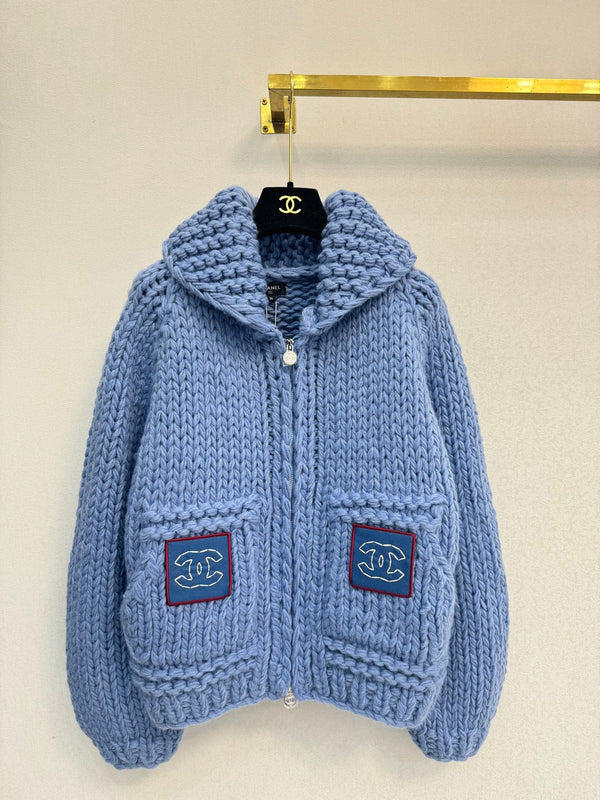 CC 26S Chunky Knit Zip-Up Cardigan Shawl Collar Pockets Cashmere 433509