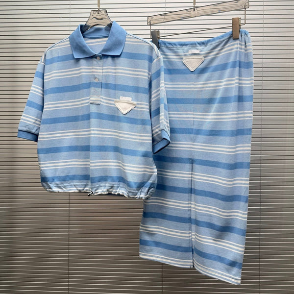 Prada 26 Blue and White Striped Drawstring Polo Shirt & Skirt in Cotton