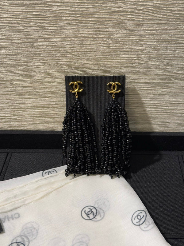 Chanel 2026 Black Beaded Tassel Earrings with Gold Double C Long Earrings