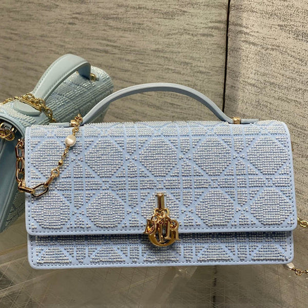 CD 2026 Microbead-Embroidered Bag 21cm Cotton Leather 355271