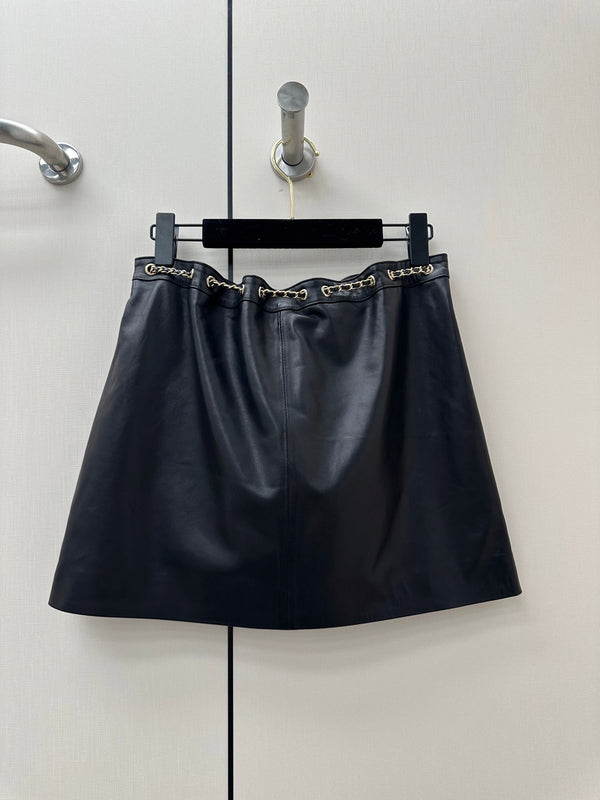 CC 26K Short Skirt Chain Drawstring Waist Side Split Leather 435097