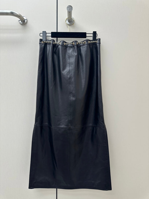 CC 26K Long Skirt Chain Drawstring Waist Side Split Leather 435102