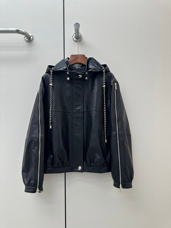 CC 26K Hooded Leather Jacket Gold Chain Drawstrings 435105