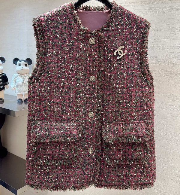 CC Vest Jacket Fringe Trim Berry Multicolor Tweed 415630
