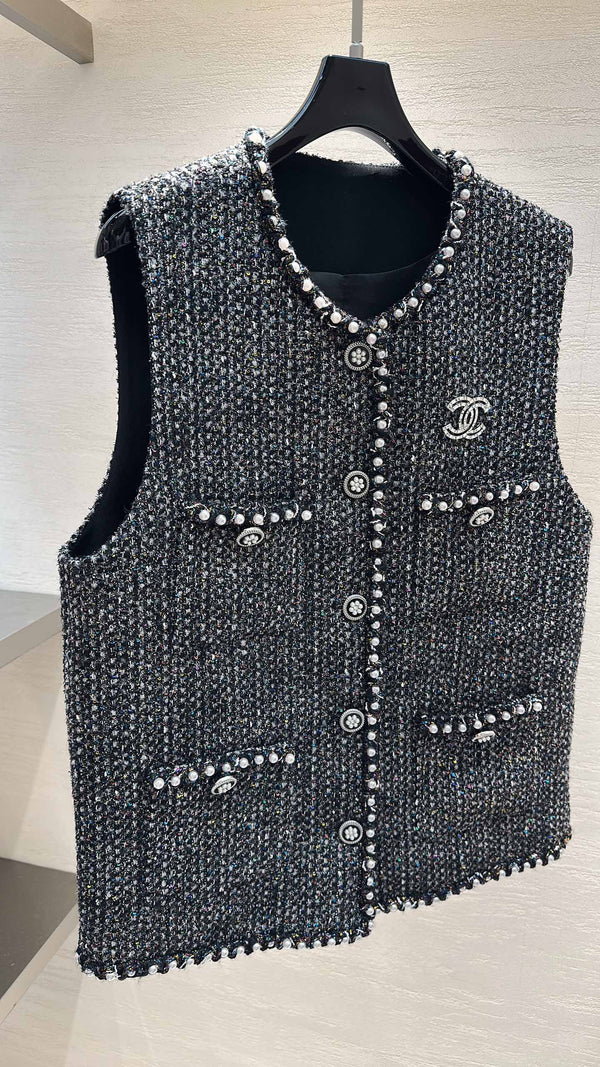 CC Vest Jacket Pearl Chain Trim Black Multicolor Tweed 415605